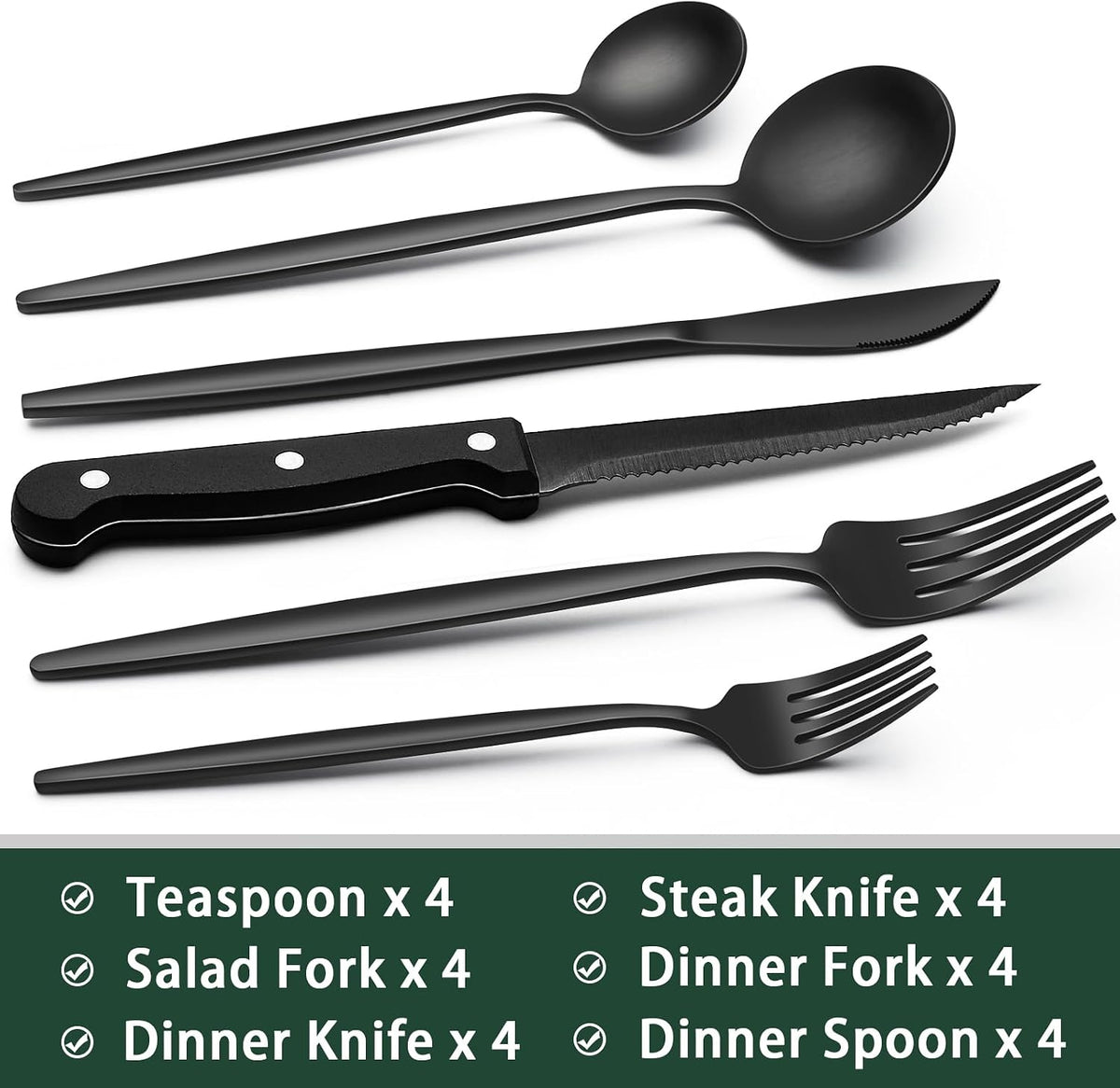 24-Piece Black Silverware Set with Steak Knives, Black Flatware Set for 4, Food-Grade Stainless Steel Tableware Cutlery Set, Mirror Finished Utensil Sets for Home Restaurant, Round Edge