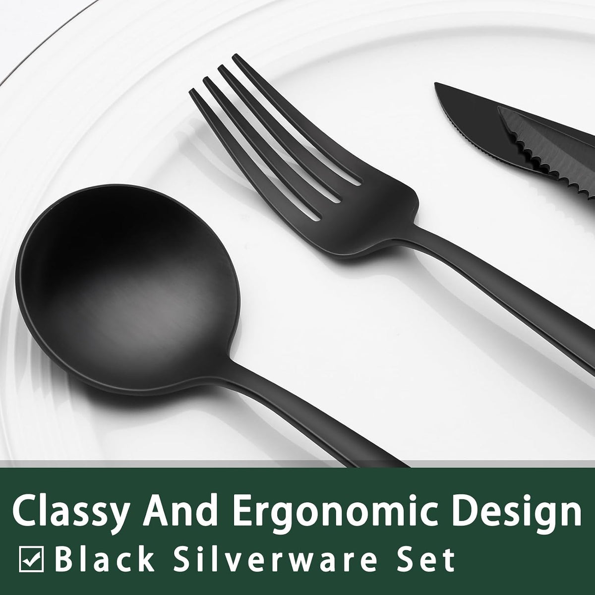 24-Piece Black Silverware Set with Steak Knives, Black Flatware Set for 4, Food-Grade Stainless Steel Tableware Cutlery Set, Mirror Finished Utensil Sets for Home Restaurant, Round Edge