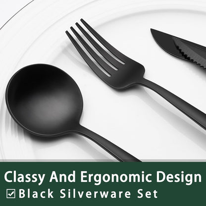 24-Piece Black Silverware Set with Steak Knives, Black Flatware Set for 4, Food-Grade Stainless Steel Tableware Cutlery Set, Mirror Finished Utensil Sets for Home Restaurant, Round Edge