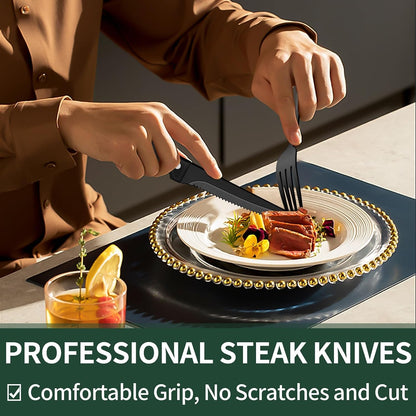 24-Piece Black Silverware Set with Steak Knives, Black Flatware Set for 4, Food-Grade Stainless Steel Tableware Cutlery Set, Mirror Finished Utensil Sets for Home Restaurant, Round Edge