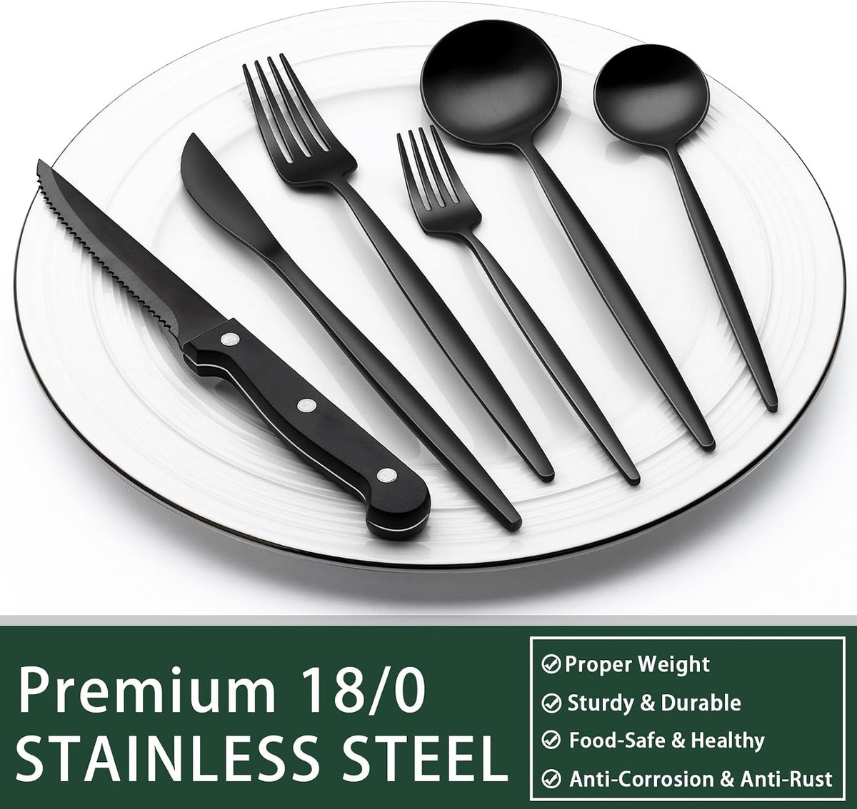 24-Piece Black Silverware Set with Steak Knives, Black Flatware Set for 4, Food-Grade Stainless Steel Tableware Cutlery Set, Mirror Finished Utensil Sets for Home Restaurant, Round Edge