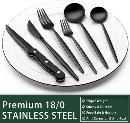 24-Piece Black Silverware Set with Steak Knives, Black Flatware Set for 4, Food-Grade Stainless Steel Tableware Cutlery Set, Mirror Finished Utensil Sets for Home Restaurant, Round Edge
