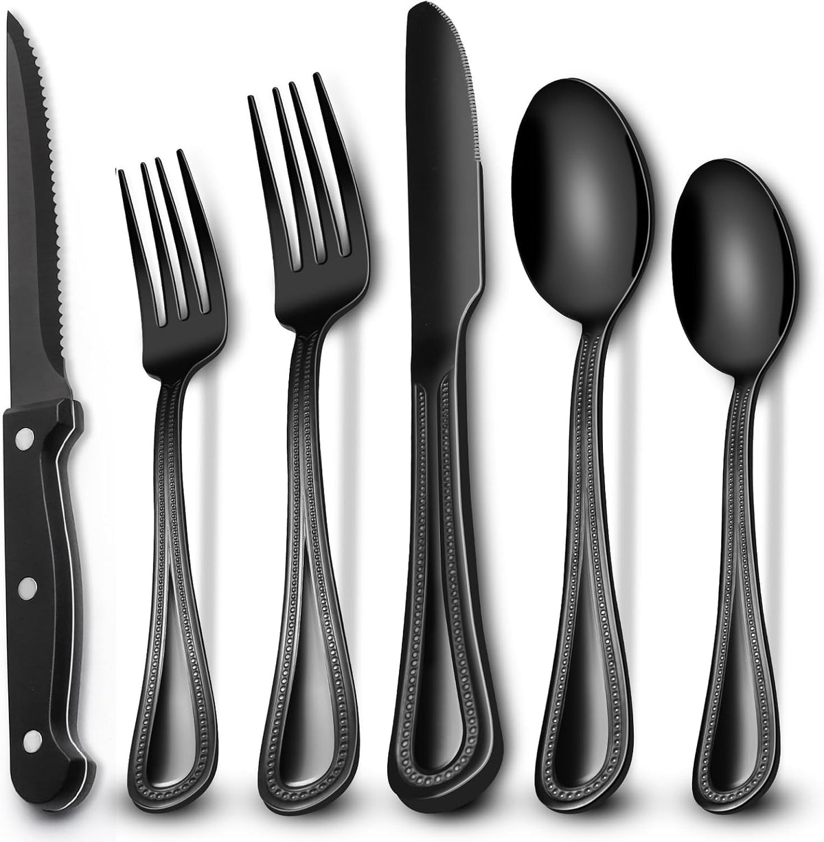 24-Piece Black Silverware Set with Steak Knives, Black Flatware Set for 4, Food-Grade Stainless Steel Tableware Cutlery Set, Mirror Finished Utensil Sets for Home Restaurant, Round Edge