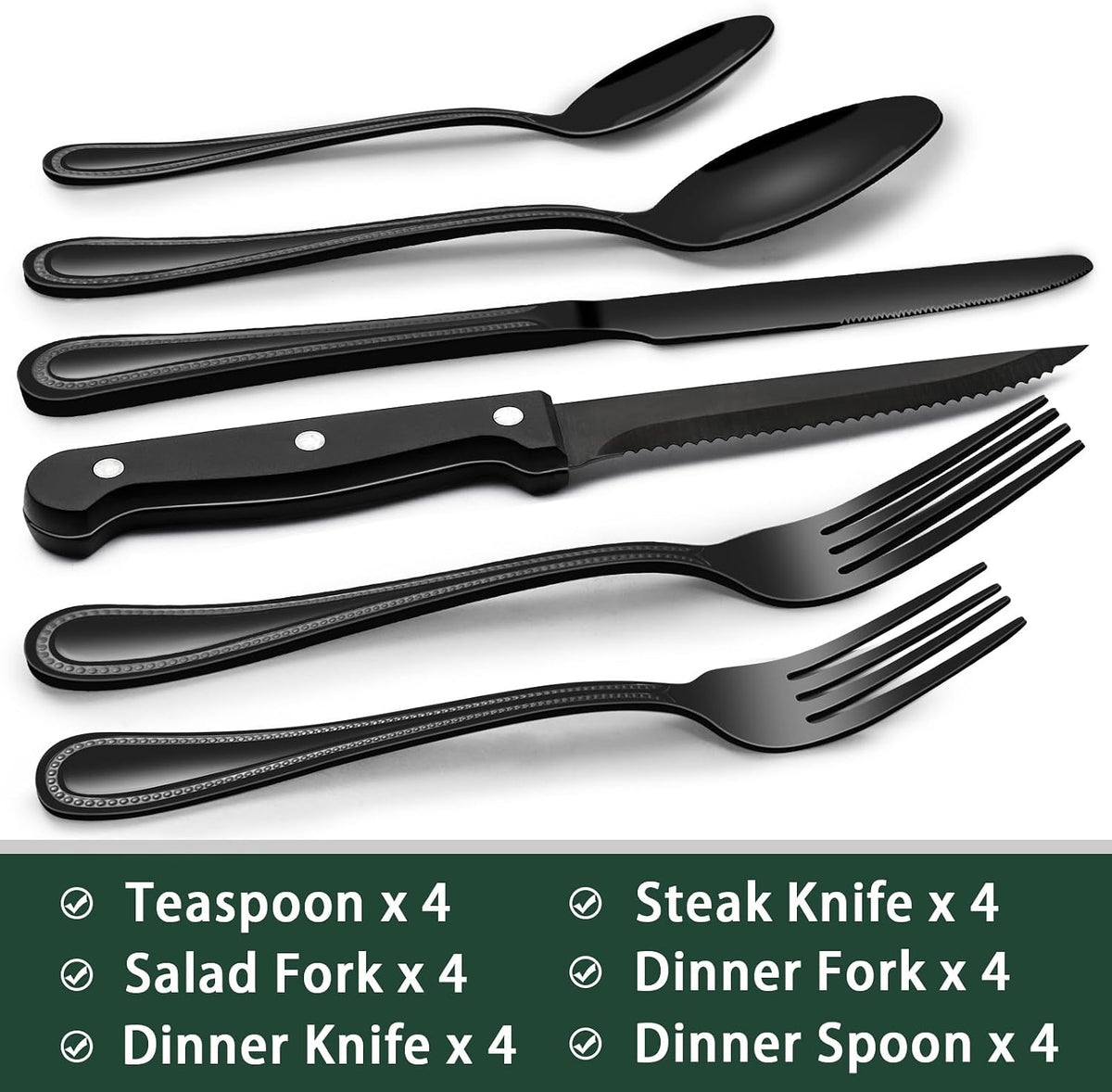 24-Piece Black Silverware Set with Steak Knives, Black Flatware Set for 4, Food-Grade Stainless Steel Tableware Cutlery Set, Mirror Finished Utensil Sets for Home Restaurant, Round Edge