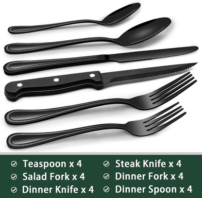24-Piece Black Silverware Set with Steak Knives, Black Flatware Set for 4, Food-Grade Stainless Steel Tableware Cutlery Set, Mirror Finished Utensil Sets for Home Restaurant, Round Edge