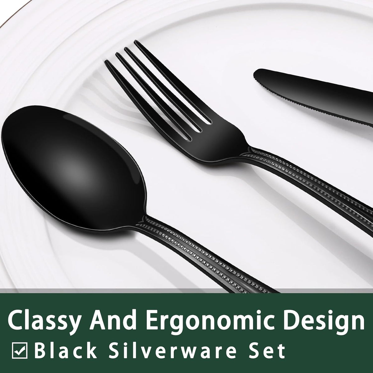 24-Piece Black Silverware Set with Steak Knives, Black Flatware Set for 4, Food-Grade Stainless Steel Tableware Cutlery Set, Mirror Finished Utensil Sets for Home Restaurant, Round Edge