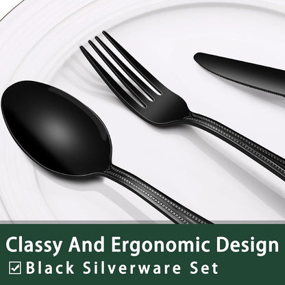 24-Piece Black Silverware Set with Steak Knives, Black Flatware Set for 4, Food-Grade Stainless Steel Tableware Cutlery Set, Mirror Finished Utensil Sets for Home Restaurant, Round Edge