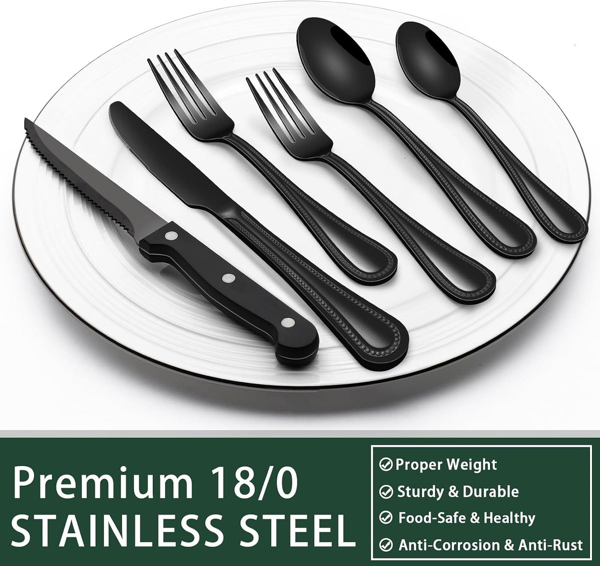 24-Piece Black Silverware Set with Steak Knives, Black Flatware Set for 4, Food-Grade Stainless Steel Tableware Cutlery Set, Mirror Finished Utensil Sets for Home Restaurant, Round Edge
