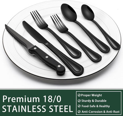 24-Piece Black Silverware Set with Steak Knives, Black Flatware Set for 4, Food-Grade Stainless Steel Tableware Cutlery Set, Mirror Finished Utensil Sets for Home Restaurant, Round Edge
