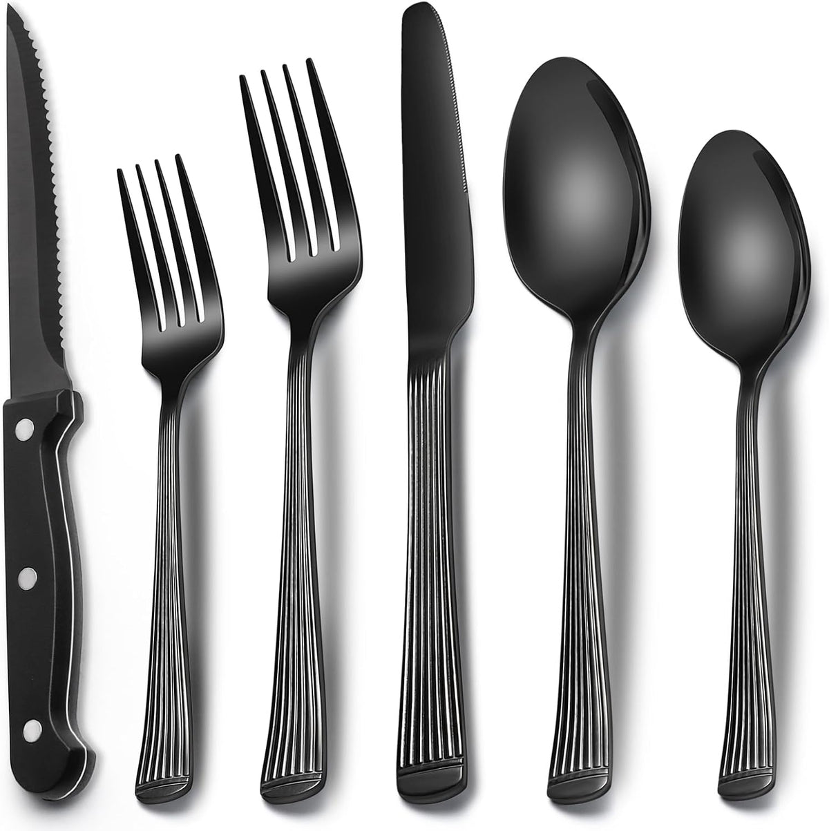 24-Piece Black Silverware Set with Steak Knives, Black Flatware Set for 4, Food-Grade Stainless Steel Tableware Cutlery Set, Mirror Finished Utensil Sets for Home Restaurant, Round Edge