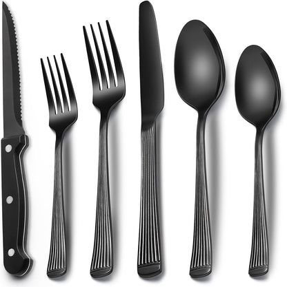 24-Piece Black Silverware Set with Steak Knives, Black Flatware Set for 4, Food-Grade Stainless Steel Tableware Cutlery Set, Mirror Finished Utensil Sets for Home Restaurant, Round Edge