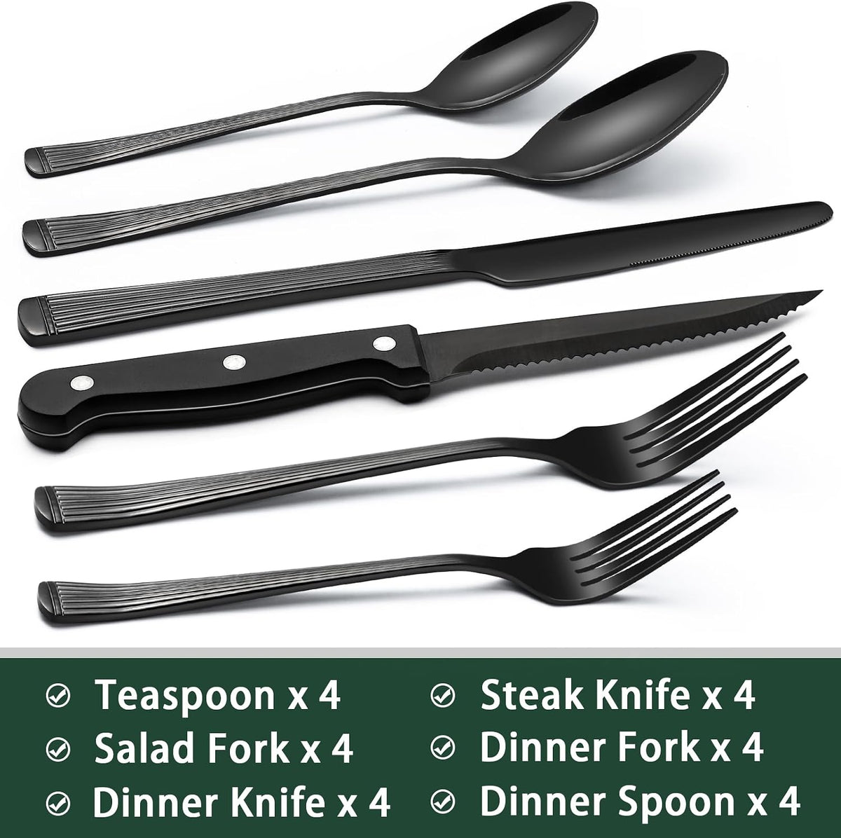 24-Piece Black Silverware Set with Steak Knives, Black Flatware Set for 4, Food-Grade Stainless Steel Tableware Cutlery Set, Mirror Finished Utensil Sets for Home Restaurant, Round Edge