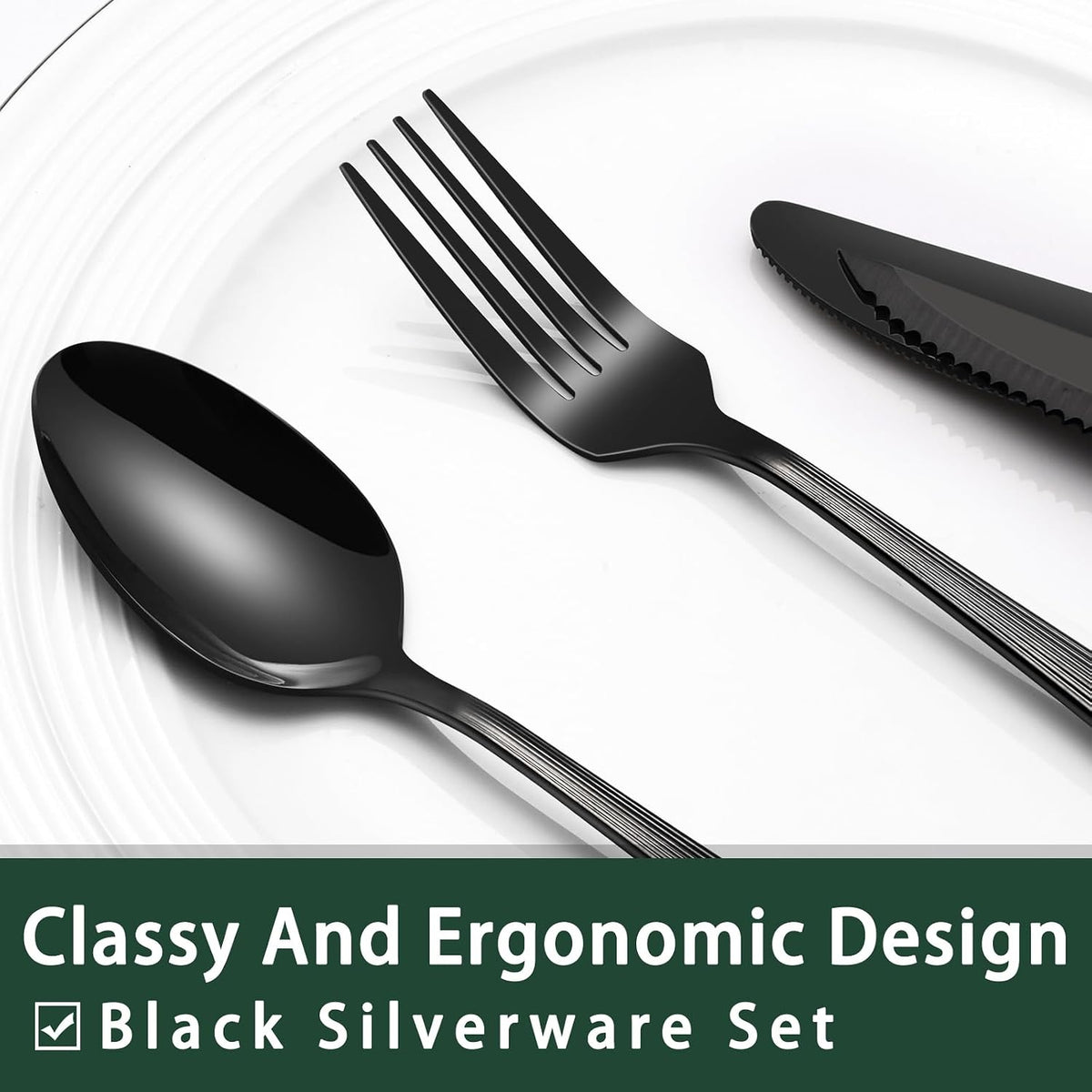 24-Piece Black Silverware Set with Steak Knives, Black Flatware Set for 4, Food-Grade Stainless Steel Tableware Cutlery Set, Mirror Finished Utensil Sets for Home Restaurant, Round Edge