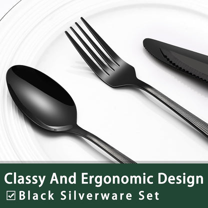 24-Piece Black Silverware Set with Steak Knives, Black Flatware Set for 4, Food-Grade Stainless Steel Tableware Cutlery Set, Mirror Finished Utensil Sets for Home Restaurant, Round Edge