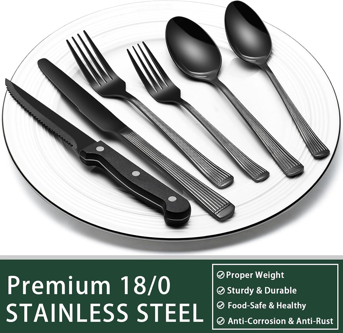 24-Piece Black Silverware Set with Steak Knives, Black Flatware Set for 4, Food-Grade Stainless Steel Tableware Cutlery Set, Mirror Finished Utensil Sets for Home Restaurant, Round Edge