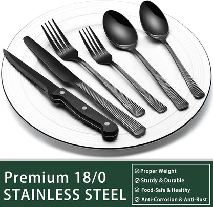 24-Piece Black Silverware Set with Steak Knives, Black Flatware Set for 4, Food-Grade Stainless Steel Tableware Cutlery Set, Mirror Finished Utensil Sets for Home Restaurant, Round Edge