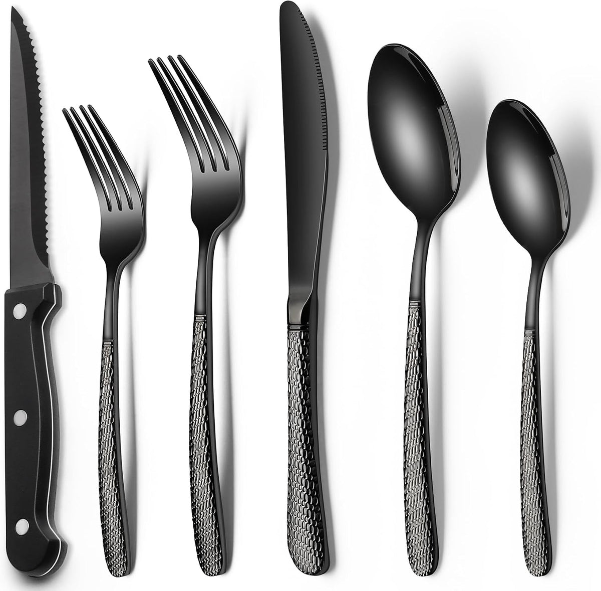 24-Piece Black Silverware Set with Steak Knives, Black Flatware Set for 4, Food-Grade Stainless Steel Tableware Cutlery Set, Mirror Finished Utensil Sets for Home Restaurant, Round Edge
