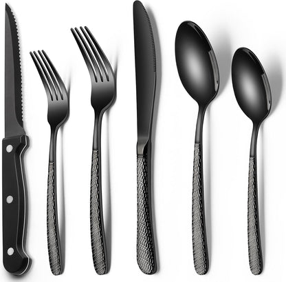 24-Piece Black Silverware Set with Steak Knives, Black Flatware Set for 4, Food-Grade Stainless Steel Tableware Cutlery Set, Mirror Finished Utensil Sets for Home Restaurant, Round Edge