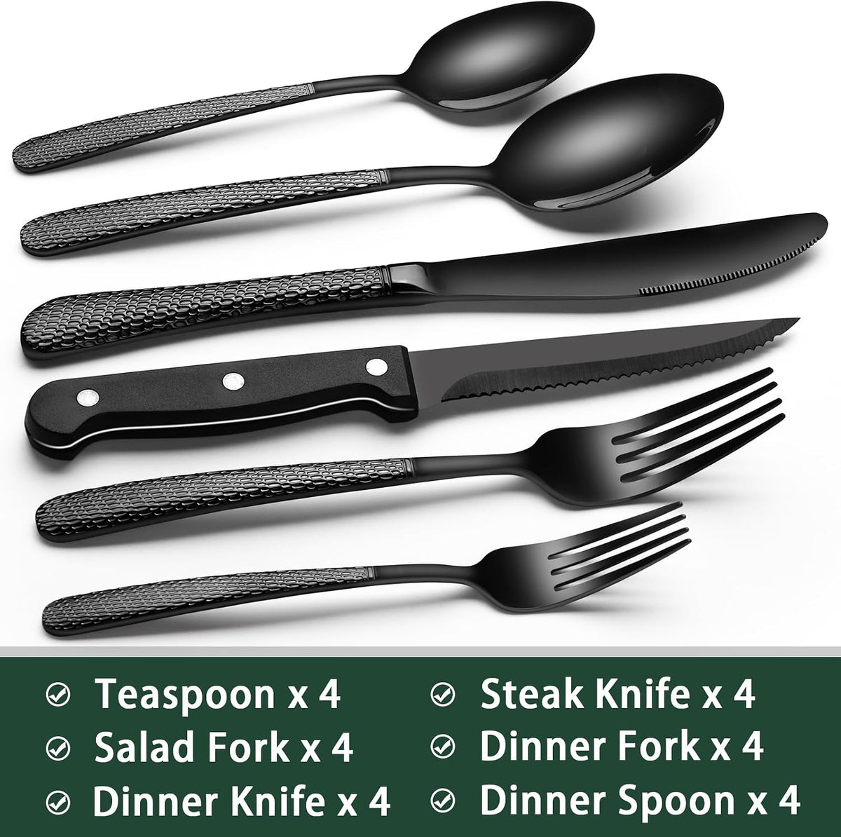 24-Piece Black Silverware Set with Steak Knives, Black Flatware Set for 4, Food-Grade Stainless Steel Tableware Cutlery Set, Mirror Finished Utensil Sets for Home Restaurant, Round Edge