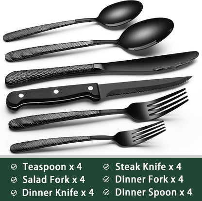 24-Piece Black Silverware Set with Steak Knives, Black Flatware Set for 4, Food-Grade Stainless Steel Tableware Cutlery Set, Mirror Finished Utensil Sets for Home Restaurant, Round Edge