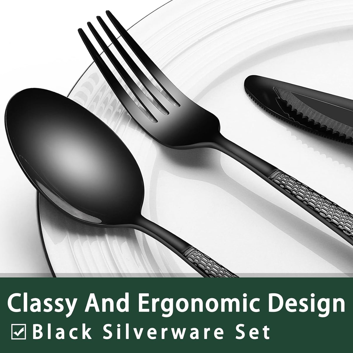 24-Piece Black Silverware Set with Steak Knives, Black Flatware Set for 4, Food-Grade Stainless Steel Tableware Cutlery Set, Mirror Finished Utensil Sets for Home Restaurant, Round Edge
