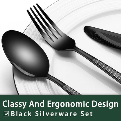 24-Piece Black Silverware Set with Steak Knives, Black Flatware Set for 4, Food-Grade Stainless Steel Tableware Cutlery Set, Mirror Finished Utensil Sets for Home Restaurant, Round Edge