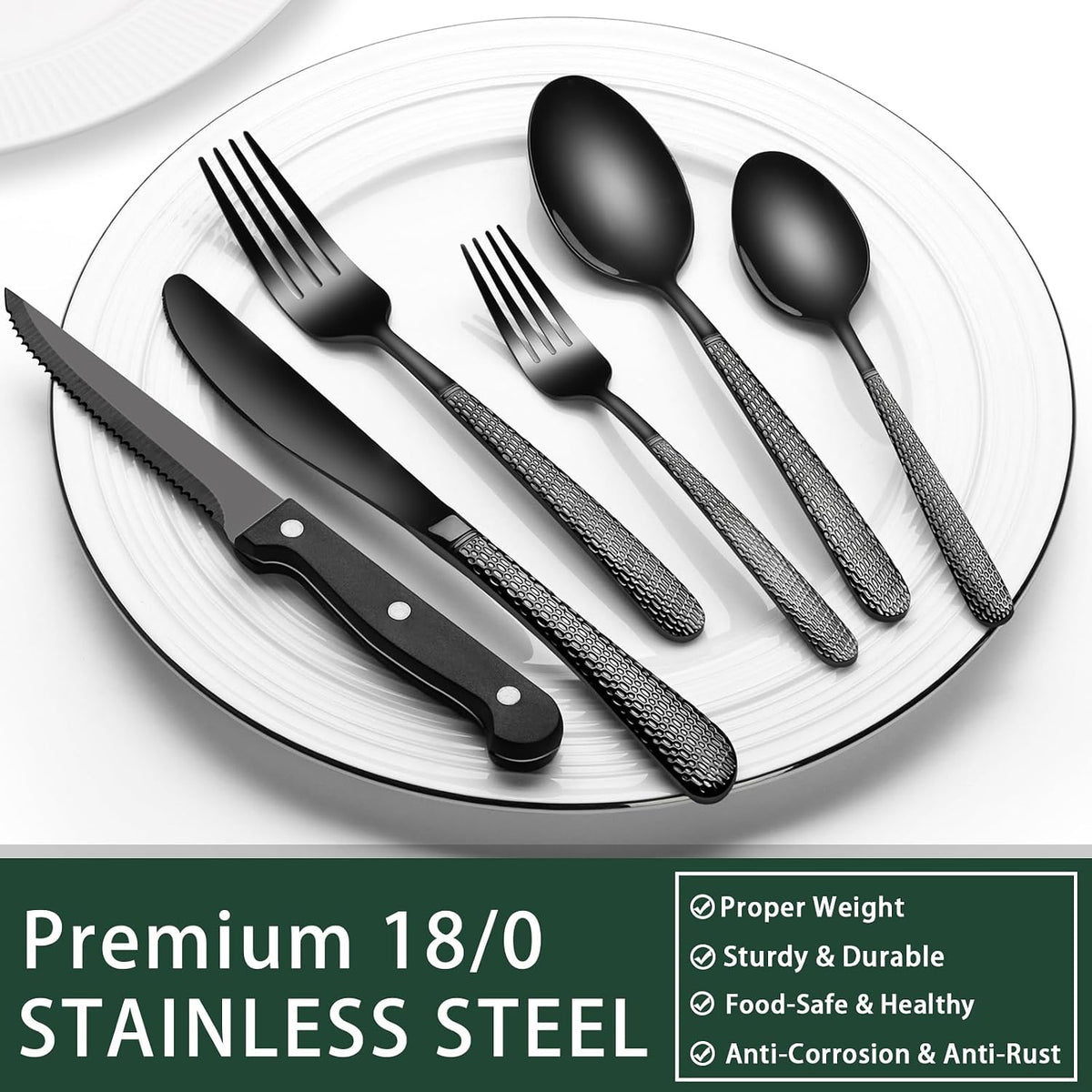 24-Piece Black Silverware Set with Steak Knives, Black Flatware Set for 4, Food-Grade Stainless Steel Tableware Cutlery Set, Mirror Finished Utensil Sets for Home Restaurant, Round Edge