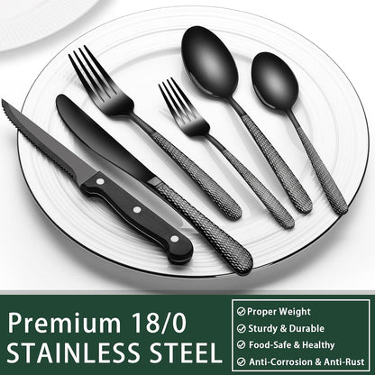 24-Piece Black Silverware Set with Steak Knives, Black Flatware Set for 4, Food-Grade Stainless Steel Tableware Cutlery Set, Mirror Finished Utensil Sets for Home Restaurant, Round Edge