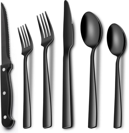 24-Piece Black Silverware Set with Steak Knives, Black Flatware Set for 4, Food-Grade Stainless Steel Tableware Cutlery Set, Mirror Finished Utensil Sets for Home Restaurant, Round Edge