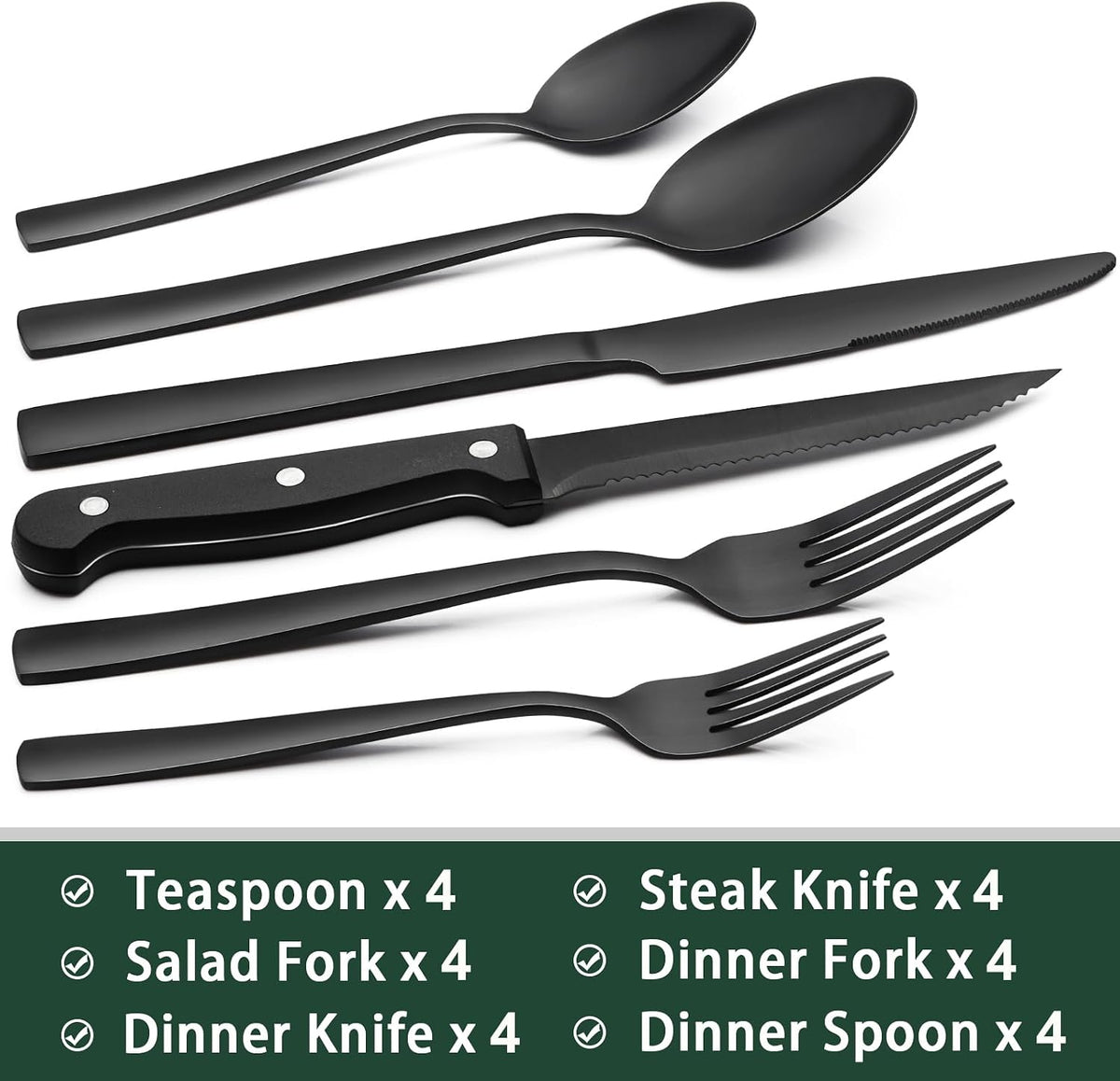 24-Piece Black Silverware Set with Steak Knives, Black Flatware Set for 4, Food-Grade Stainless Steel Tableware Cutlery Set, Mirror Finished Utensil Sets for Home Restaurant, Round Edge