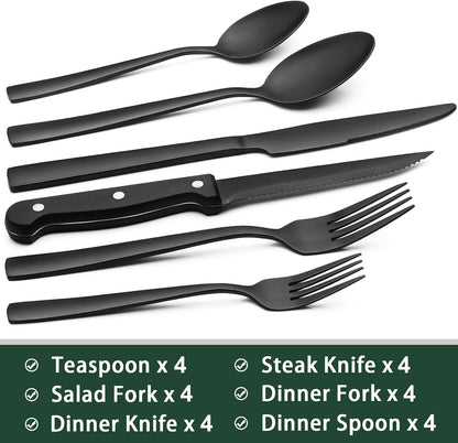 24-Piece Black Silverware Set with Steak Knives, Black Flatware Set for 4, Food-Grade Stainless Steel Tableware Cutlery Set, Mirror Finished Utensil Sets for Home Restaurant, Round Edge
