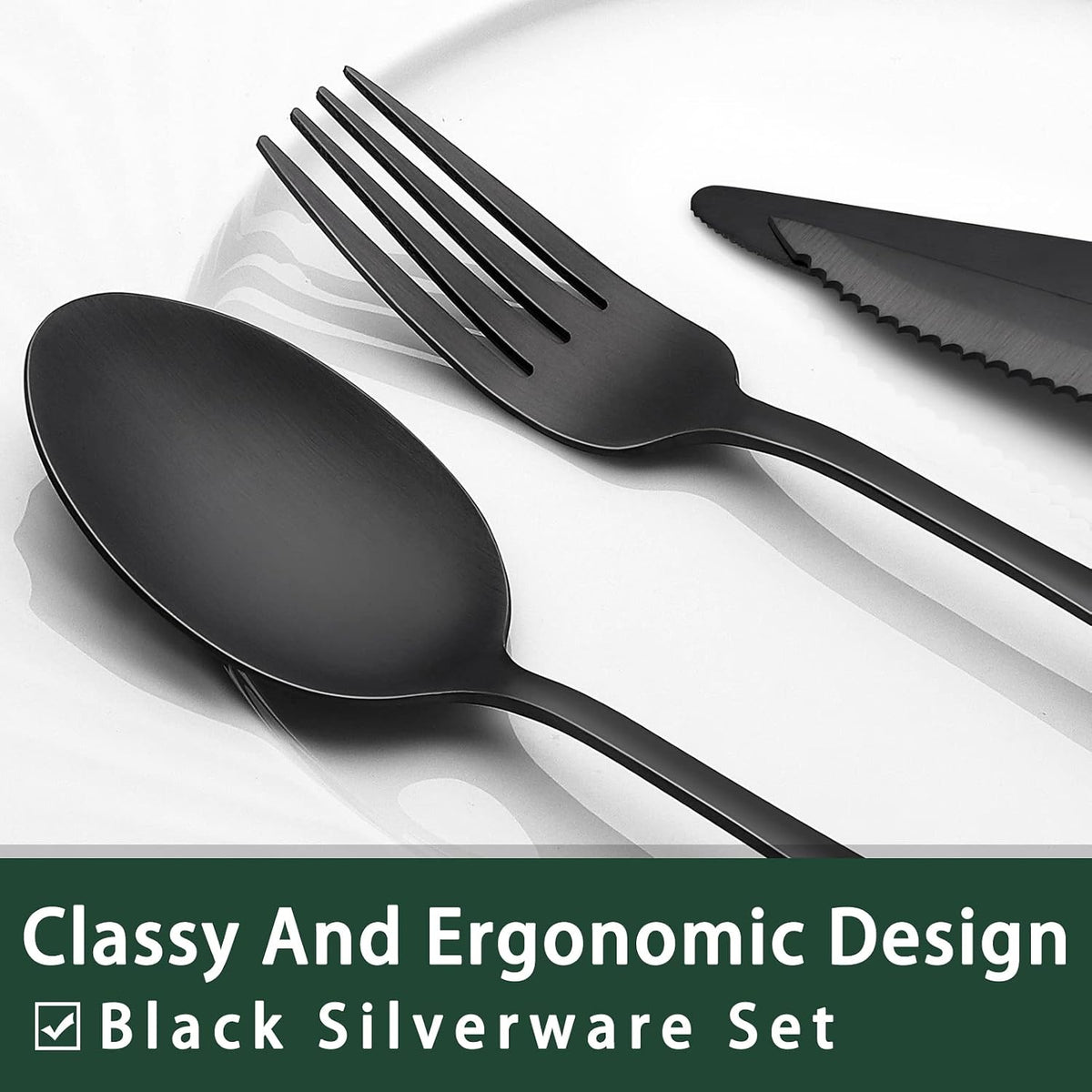 24-Piece Black Silverware Set with Steak Knives, Black Flatware Set for 4, Food-Grade Stainless Steel Tableware Cutlery Set, Mirror Finished Utensil Sets for Home Restaurant, Round Edge