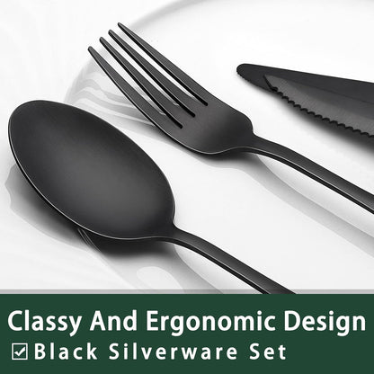 24-Piece Black Silverware Set with Steak Knives, Black Flatware Set for 4, Food-Grade Stainless Steel Tableware Cutlery Set, Mirror Finished Utensil Sets for Home Restaurant, Round Edge