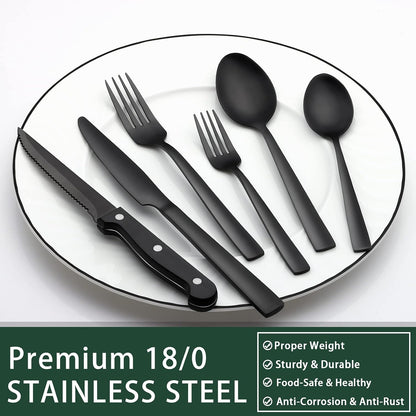 24-Piece Black Silverware Set with Steak Knives, Black Flatware Set for 4, Food-Grade Stainless Steel Tableware Cutlery Set, Mirror Finished Utensil Sets for Home Restaurant, Round Edge