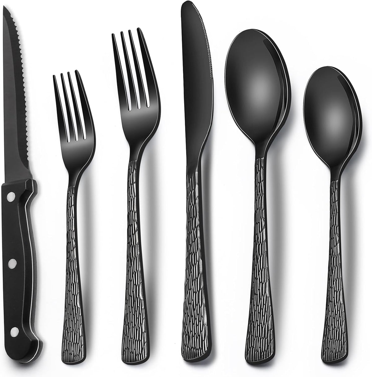 24-Piece Black Silverware Set with Steak Knives, Black Flatware Set for 4, Food-Grade Stainless Steel Tableware Cutlery Set, Mirror Finished Utensil Sets for Home Restaurant, Round Edge