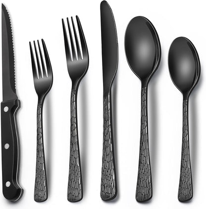24-Piece Black Silverware Set with Steak Knives, Black Flatware Set for 4, Food-Grade Stainless Steel Tableware Cutlery Set, Mirror Finished Utensil Sets for Home Restaurant, Round Edge