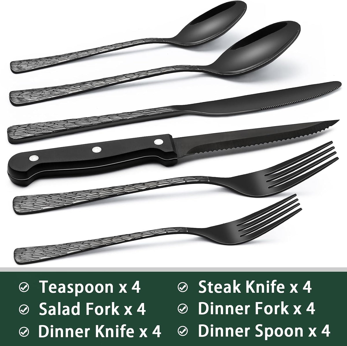 24-Piece Black Silverware Set with Steak Knives, Black Flatware Set for 4, Food-Grade Stainless Steel Tableware Cutlery Set, Mirror Finished Utensil Sets for Home Restaurant, Round Edge