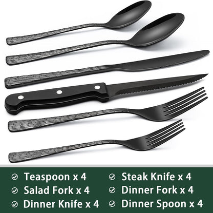 24-Piece Black Silverware Set with Steak Knives, Black Flatware Set for 4, Food-Grade Stainless Steel Tableware Cutlery Set, Mirror Finished Utensil Sets for Home Restaurant, Round Edge