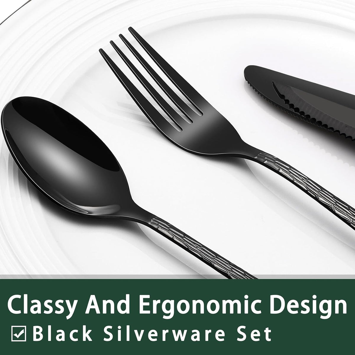 24-Piece Black Silverware Set with Steak Knives, Black Flatware Set for 4, Food-Grade Stainless Steel Tableware Cutlery Set, Mirror Finished Utensil Sets for Home Restaurant, Round Edge