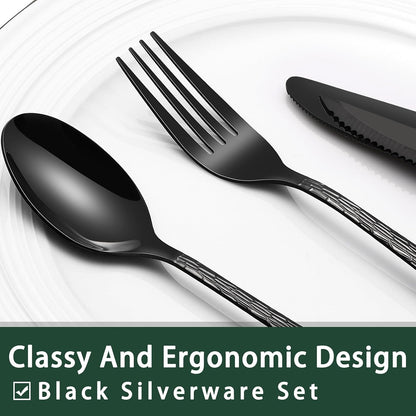 24-Piece Black Silverware Set with Steak Knives, Black Flatware Set for 4, Food-Grade Stainless Steel Tableware Cutlery Set, Mirror Finished Utensil Sets for Home Restaurant, Round Edge