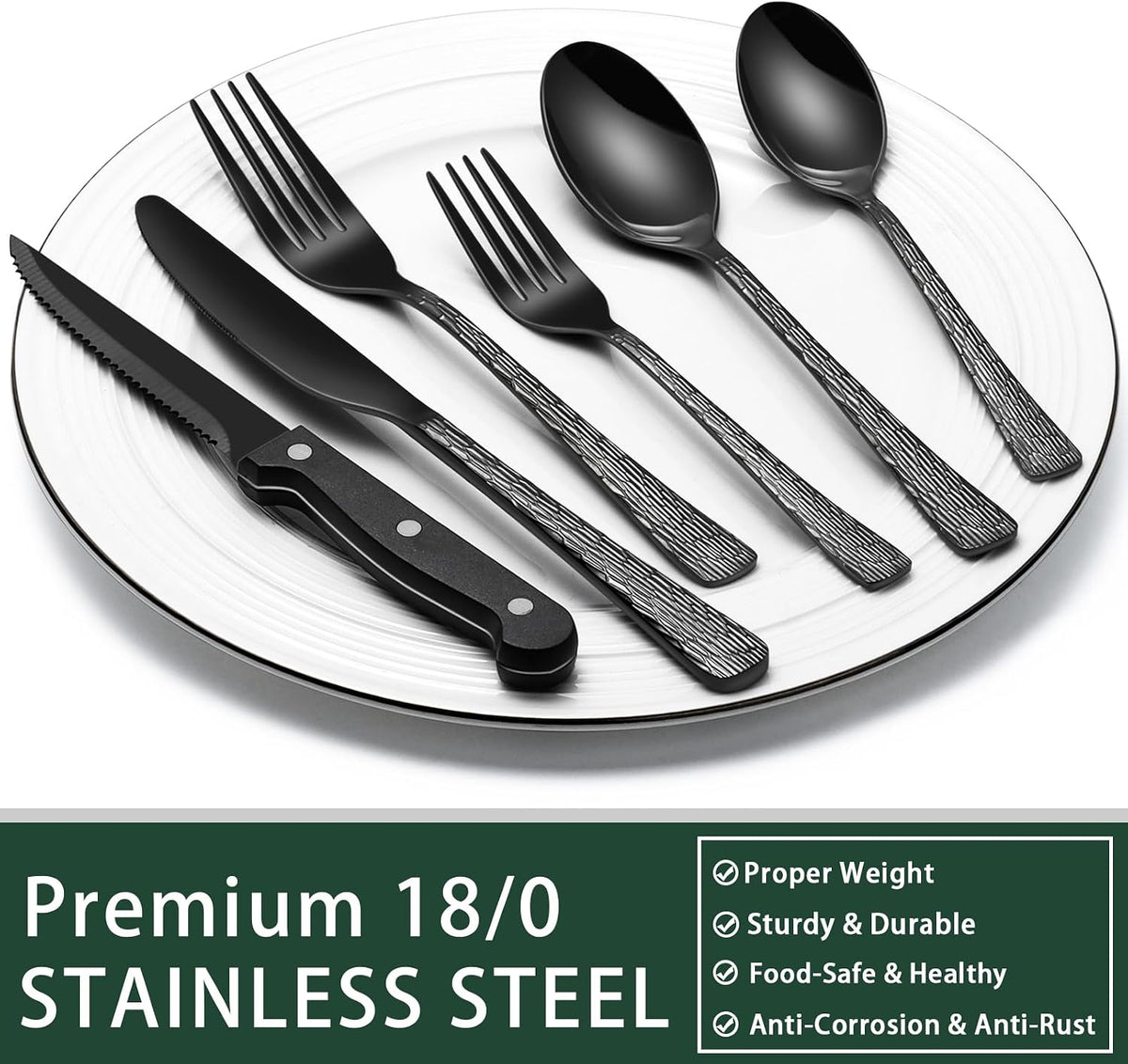 24-Piece Black Silverware Set with Steak Knives, Black Flatware Set for 4, Food-Grade Stainless Steel Tableware Cutlery Set, Mirror Finished Utensil Sets for Home Restaurant, Round Edge