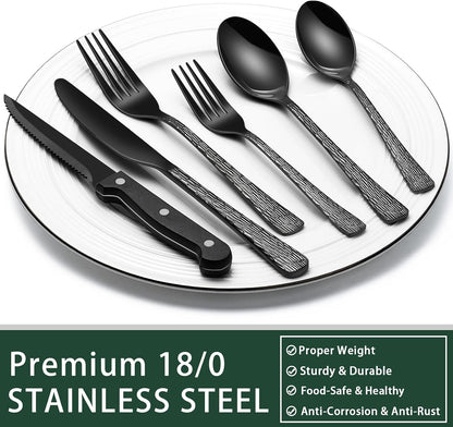 24-Piece Black Silverware Set with Steak Knives, Black Flatware Set for 4, Food-Grade Stainless Steel Tableware Cutlery Set, Mirror Finished Utensil Sets for Home Restaurant, Round Edge