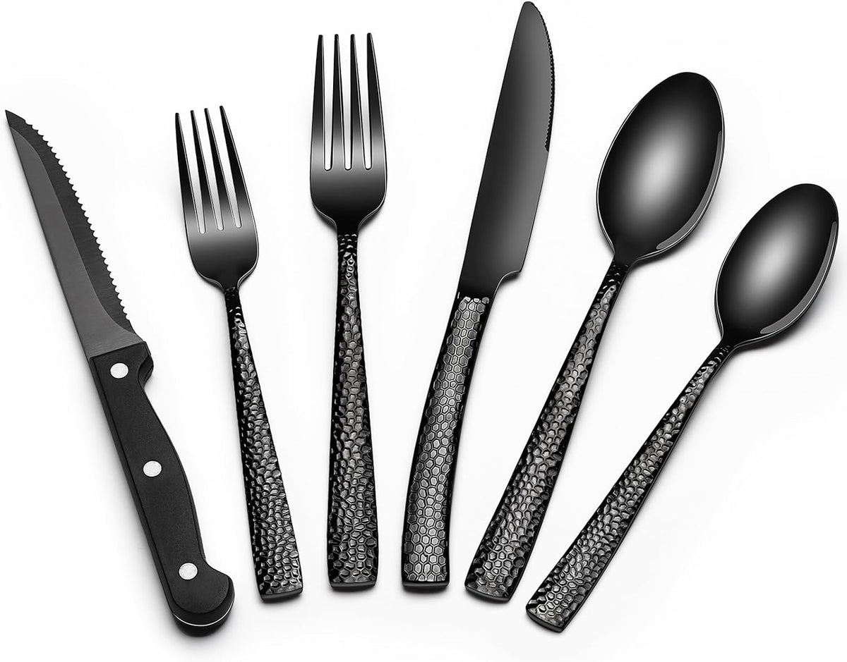 24-Piece Black Silverware Set with Steak Knives, Black Flatware Set for 4, Food-Grade Stainless Steel Tableware Cutlery Set, Mirror Finished Utensil Sets for Home Restaurant, Round Edge