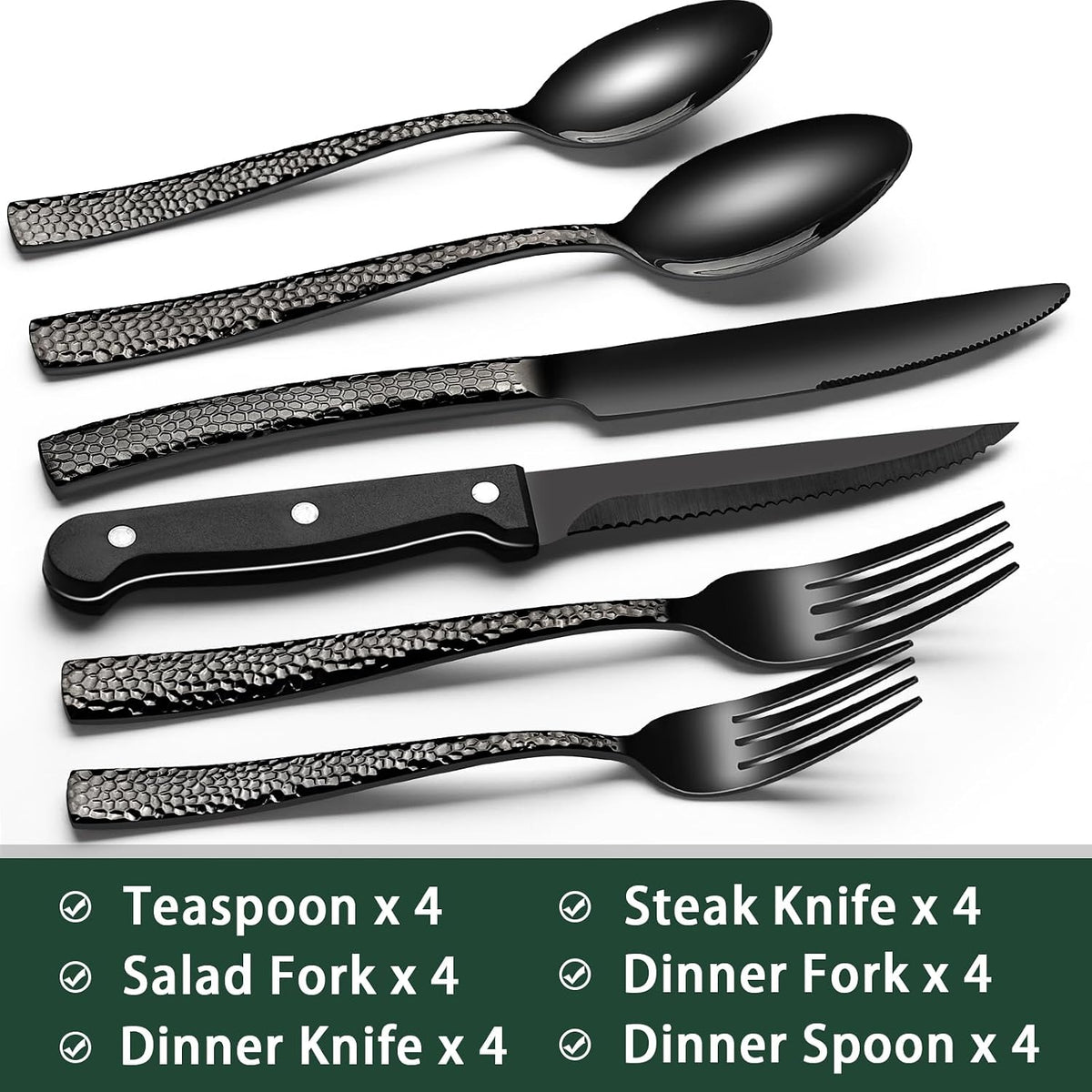 24-Piece Black Silverware Set with Steak Knives, Black Flatware Set for 4, Food-Grade Stainless Steel Tableware Cutlery Set, Mirror Finished Utensil Sets for Home Restaurant, Round Edge