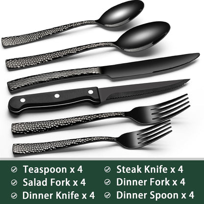 24-Piece Black Silverware Set with Steak Knives, Black Flatware Set for 4, Food-Grade Stainless Steel Tableware Cutlery Set, Mirror Finished Utensil Sets for Home Restaurant, Round Edge
