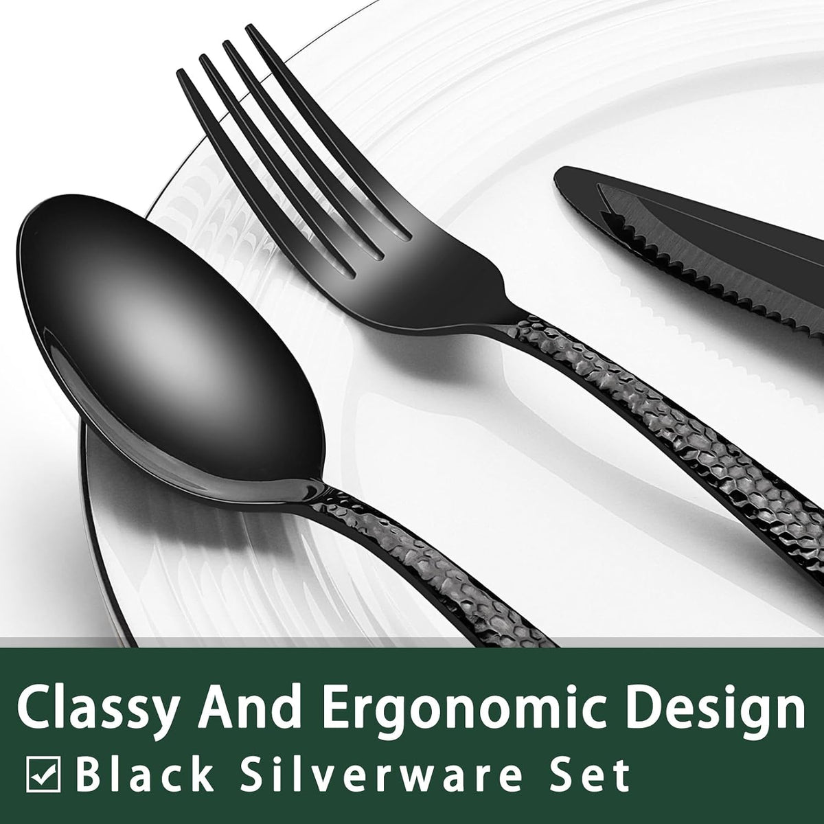 24-Piece Black Silverware Set with Steak Knives, Black Flatware Set for 4, Food-Grade Stainless Steel Tableware Cutlery Set, Mirror Finished Utensil Sets for Home Restaurant, Round Edge