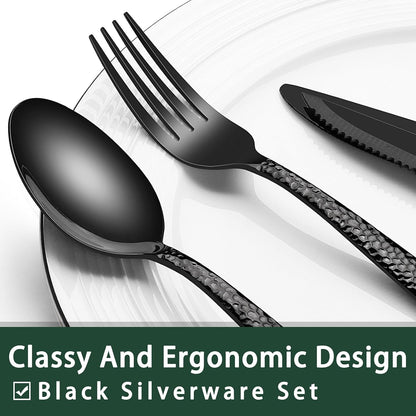 24-Piece Black Silverware Set with Steak Knives, Black Flatware Set for 4, Food-Grade Stainless Steel Tableware Cutlery Set, Mirror Finished Utensil Sets for Home Restaurant, Round Edge