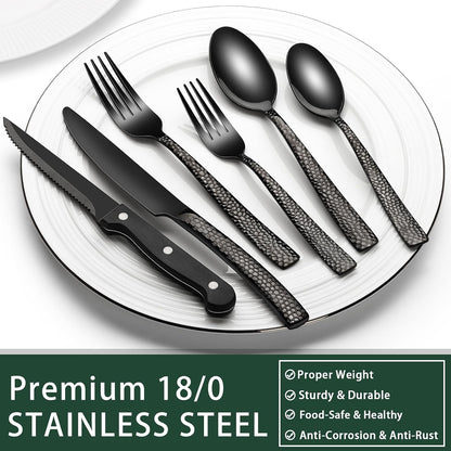 24-Piece Black Silverware Set with Steak Knives, Black Flatware Set for 4, Food-Grade Stainless Steel Tableware Cutlery Set, Mirror Finished Utensil Sets for Home Restaurant, Round Edge