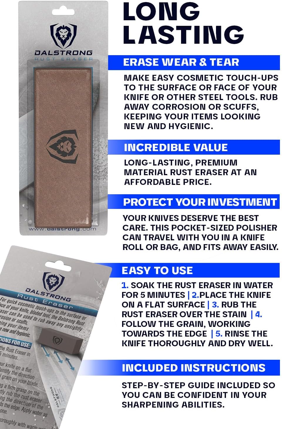 Premium Rust Remover & Eraser - Knife Maintenance and Care - For Knives, Scissors, Stainless Steel Pots and Pans, Whetstones - Sharp Polish for Tools - Calcium Carbonate