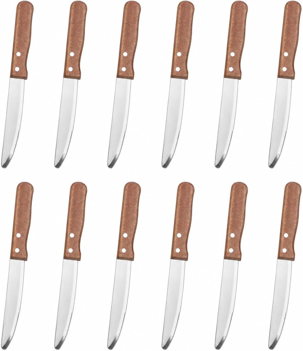 10 Inch Steak Knife Set of 12, Jumbo Serrated Stainless Steel Knives with 5 Inch Rounded Blades and Wood Handles